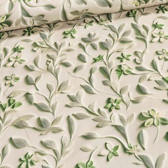 Dekorační závěs 25019/108 VELVET, zelené popínavé listy s květy na béžové, šířka 150cm (látka v metráži)