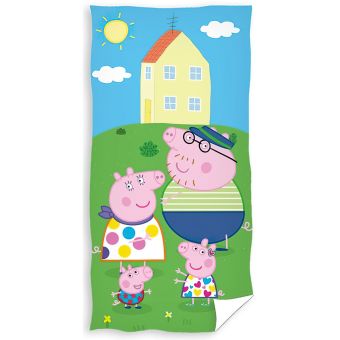 Dětská plážová osuška PRASÁTKO PEPINA (PEPPA) ZÁBAVA NA ZAHRADĚ, zeleno-modrá, froté, 70x140cm