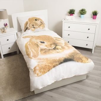 Dětské povlečení BUNNY BROWN 3D, zajíček na bílé, fototisk, bavlna hladká, 140x200cm + 70x90cm 