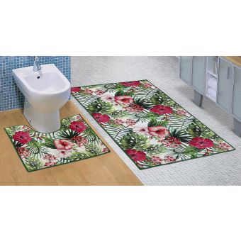 Koupelnová souprava 3D FOTOTISK IBIŠEK, zelené listy monstera a červené květy, 100x60cm (předložka) + 60x50cm (na WC)