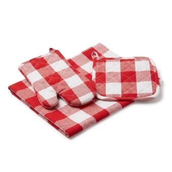Kuchyňský set QK-244 3-dílný, ČERVENO-BÍLÁ KOSTKA, chňapka 28x18cm + podložka 20x20cm + utěrka 50x70cm
