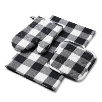 Kuchyňský set QK-244 3-dílný, ŠEDO-BÍLÁ KOSTKA, chňapka 28x18cm + podložka 20x20cm + utěrka 50x70cm