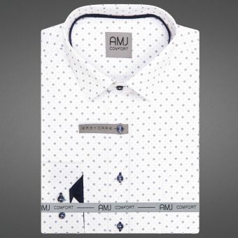 Pánská košile AMJ bavlněná, bílá s tmavě modrými čtverečky a tečkami VDBR1473, dlouhý rukáv (regular + slim-fit + prodloužená délka)