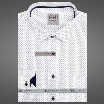 Pánská košile AMJ bavlněná, bílá s modrými a hnědými tečkami VDBR1484, dlouhý rukáv (regular + slim-fit + prodloužená délka)