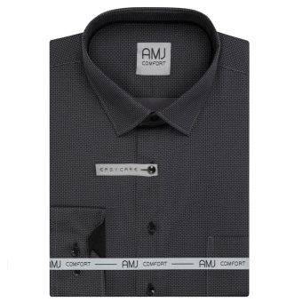 Pánská košile AMJ bavlněná, tmavě šedá síťovaná VDBR1515, dlouhý rukáv (regular + slim-fit + prodloužený slim-fit)