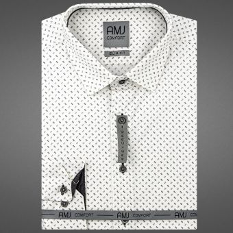 Pánská košile AMJ bavlněná, bílá s černými vlnkami a puntíky VDSBR1236, dlouhý rukáv (slim-fit + prodloužený slim-fit)