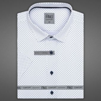 Pánská košile AMJ bavlněná, bílá s puntíky a tečkami VKBR1205, krátký rukáv (regular + slim fit)