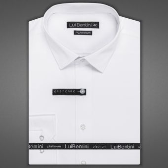 Luxusní pánská košile bavlněná se saténovou úpravou Lui Bentini PLATINUM, bílá jednobarevná LDB239, dlouhý rukáv, (regular + slim fit)