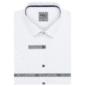Pánská košile AMJ bavlněná, bílá s drobnými písmenky VKBR1275, krátký rukáv, (regular + slim fit)