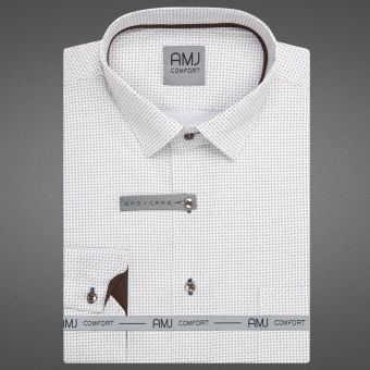 Pánská košile AMJ z lyocellu, bílá se světle hnědými obdélníky VDER1525, dlouhý rukáv (regular + slim-fit)