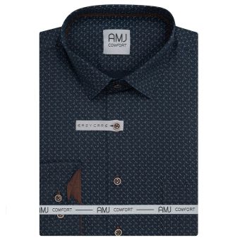 Pánská košile AMJ z lyocellu, tmavě modrá s hnědými tojúhelníky VDER1526, dlouhý rukáv (regular + slim-fit)