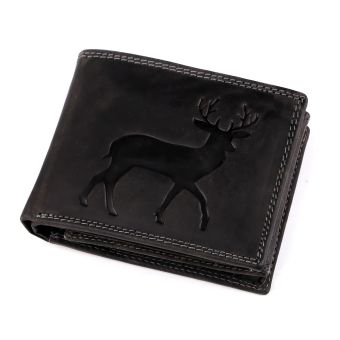 Pánská kožená myslivecká peněženka s RFID ochranou, 870349/16, černá - jelen, matná, 9,5 x 15 x 3,5 cm