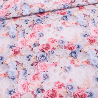 Šatovka / polyesterové hedvábí 7147/05 extra tisk, bílo-modro-růžové růže, š.150cm (látka v metráži)