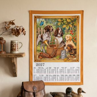 Textilní kalendář, utěrka LOVECKÁ SEZÓNA 2027, myslivecký, okrový lem, 45x65cm, bez hůlky