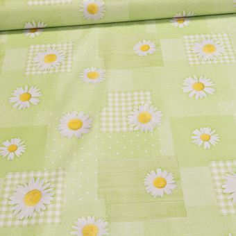 Ubrus PVC s textilním podkladem 5737020, patchwork, kopretiny na zelené, š.140cm (metráž)