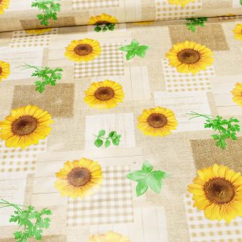 Ubrus PVC s textilním podkladem 5F4/0, slunečnice, pytlovina, kostka béžová, š.140cm (metráž)