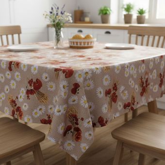 Ubrus PVC s textilním podkladem 605-1 vlčí máky a kopretiny na režné pytlovině, š.140cm (metráž)