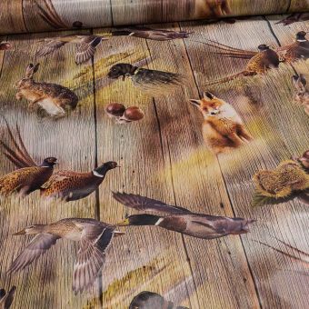Ubrus PVC s textilním podkladem 729, myslivecký motiv na dřevě, š.140cm (metráž)