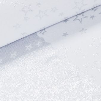 Ubrusovina vánoční / štola teflonová úprava, HVĚZDNÉ PŘÁNÍ, bílá / stříbrná, š.38cm (metráž)
