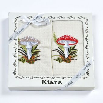 Utěrky KIARA 161 vaflové vyšívané, dárkové balení, muchomůrky na smetanové, 2 kusy 50x70cm