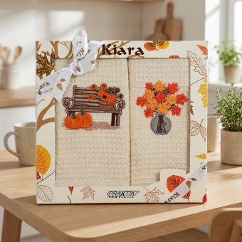 Utěrky KIARA 171 vaflové vyšívané, dárkové balení, lavička a váza na smetanové, 2 kusy 50x70cm