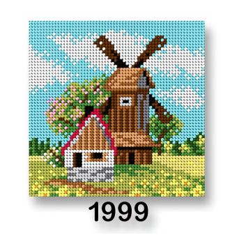 Vyšívací předloha, obrázek na vyšívání 70244/1999, mlýn jaro, hnědo-zeleno-modrá, 15x15cm