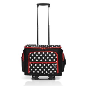 Kufr na šicí stroj a potřeby PRYM POLKA DOTS, látkový, černá s bílými puntíky, červené doplňky, pojízdný s madlem, 44 x 22 x 36 cm