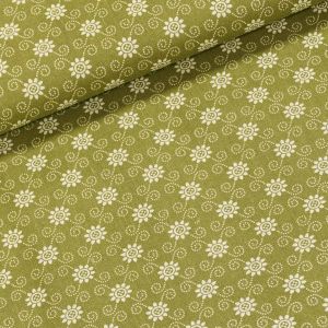 Bavlněné plátno 103000/13234 OLIVA, bílé kvítky a spirálky na olivově zelené, š.140cm (látka v metráži)
