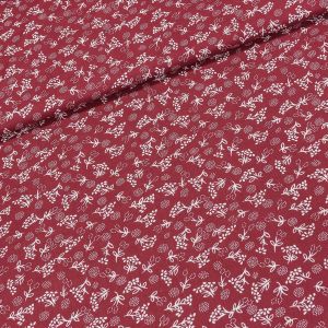 Bavlněné plátno 103000/5282 BORDÓ, bílé květinky s lístky na vínové, š.140cm (látka v metráži)