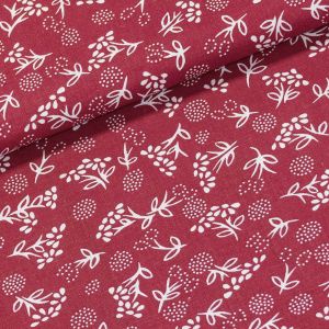 Bavlněné plátno 103000/5282 BORDÓ, bílé květinky s lístky na vínové, š.140cm (látka v metráži)