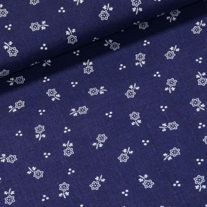 Bavlněné plátno 103000/88022 BLUE, bílé kvítky s tečkami na modré, š.140cm (látka v metráži)