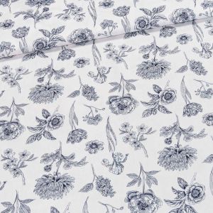 Bavlněné plátno 303000/11, černé květiny, perokresba na bílé, š.140cm (látka v metráži)