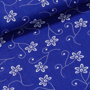 Bavlněné plátno 303000/37, bílý kvítek a spirálky na modré, š.140cm (látka v metráži)