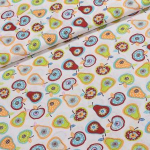 Bavlněné plátno dětské 13337 barevné vzorované hrušky a jablíčky na bílé, š.140cm (látka v metráži)