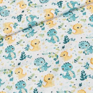 Bavlněné plátno dětské ANIKA tyrkysoví a žlutí dinosauři, š.160cm (látka v metráži)