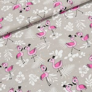 Bavlněné plátno dětské ARIA růžoví plameňáci na šedé š.160cm (látka v metráži)