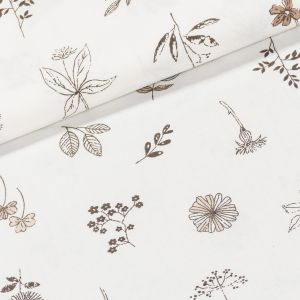 Bavlněné plátno ELIŠKA hnědé bylinky na bílé, š.160cm (látka v metráži)