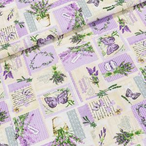 Bavlněné plátno POLO levandulová srdíčka a prostírání, fialová š.140cm (látka v metráži)