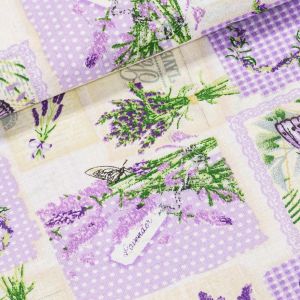Bavlněné plátno POLO levandulová srdíčka a prostírání, fialová š.140cm (látka v metráži)