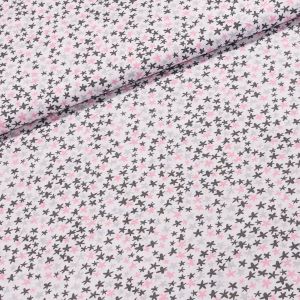 Bavlněné plátno POLO růžové, černé a šedé hvězdičky na bílé, š.140cm (látka v metráži)