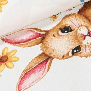 Bavlněné plátno / štola na metráž velikonoční 703024/29464, kraslice a zajíčci, zelený okraj, š. 50cm (látka v metráži)