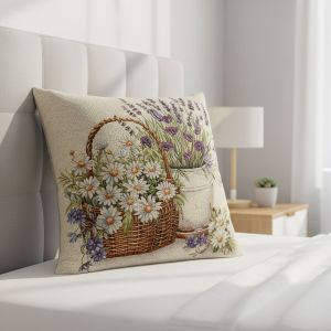 Dekorační povlak na polštářek RETRO LEVANDULE A KOPRETINY V KOŠÍKU, béžová 45x45cm