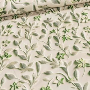 Dekorační závěs 25019/108 VELVET, zelené popínavé listy s květy na béžové, šířka 150cm (látka v metráži)