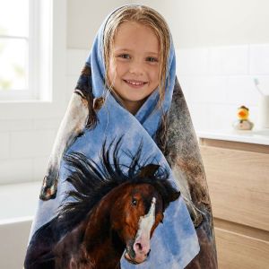 Dětská plážová osuška DIVOCÍ KONĚ V PŘÍRODĚ, modrá, froté, 70x140cm