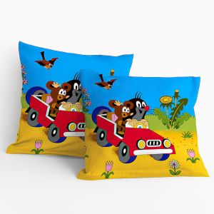 Dětský polštářek KRTEK 09 V AUTĚ S MYŠKOU (Krteček), žluto-modrý, 40x40cm