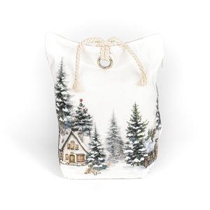 Dveřní zarážka / vánoční dekorace, zasněžené chaloupky a stromečky, bílá 22x23cm