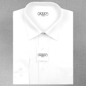 Pánská košile AMJ jednobarevná JDPS018, bílá, dlouhý rukáv, prodloužená délka, slim fit