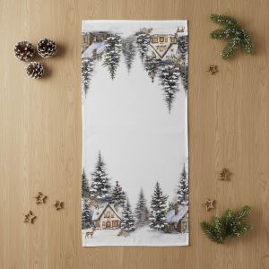 Kuchyňský ubrus vánoční  CYH6059R, zasněžené chaloupky, bílo-zelená 40x90cm (obdélník) 