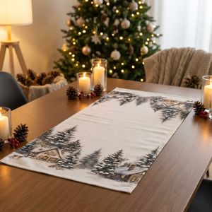 Kuchyňský ubrus vánoční  CYH6059R, zasněžené chaloupky, bílo-zelená 40x90cm (obdélník) 