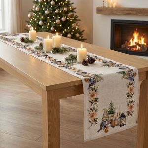 Kuchyňský ubrus / štola vánoční CYH6060C, skřítek s lucernou, béžová 40x140cm (obdélník) 
